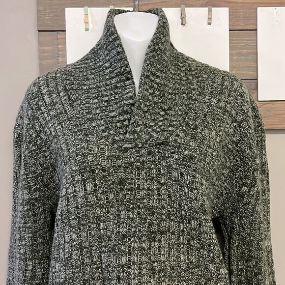 Lambs Wool Blend Heather Green Long Sleeve Cable Knit Cross Cowl Neck Sweater-PL - Picture 4 of 13